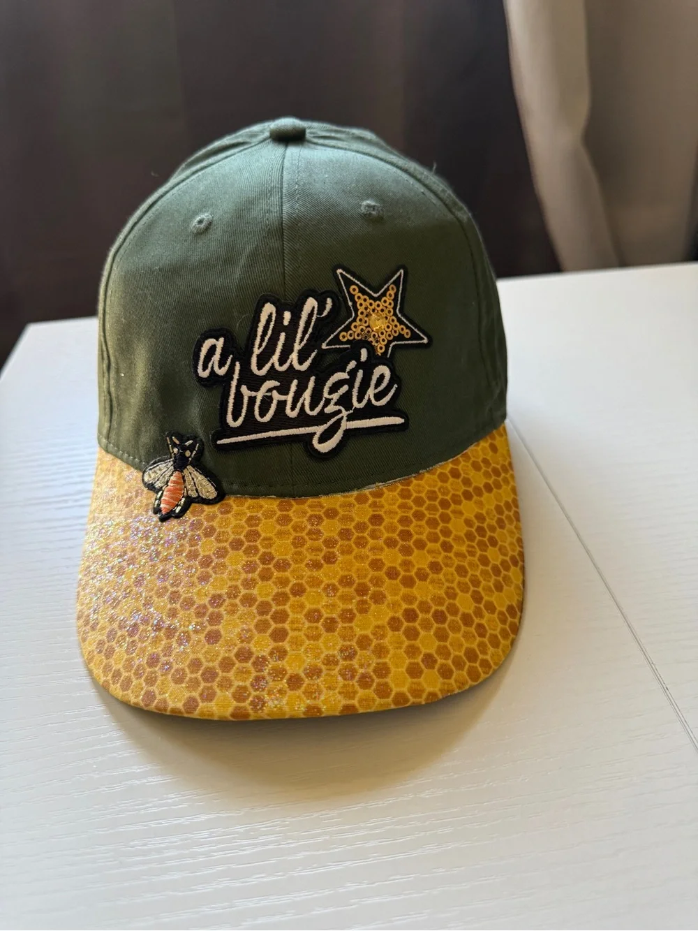 Olive Green Honey Yellow 'a lil bougie' Patch Hat Cap Adjustable Velcro Back OS